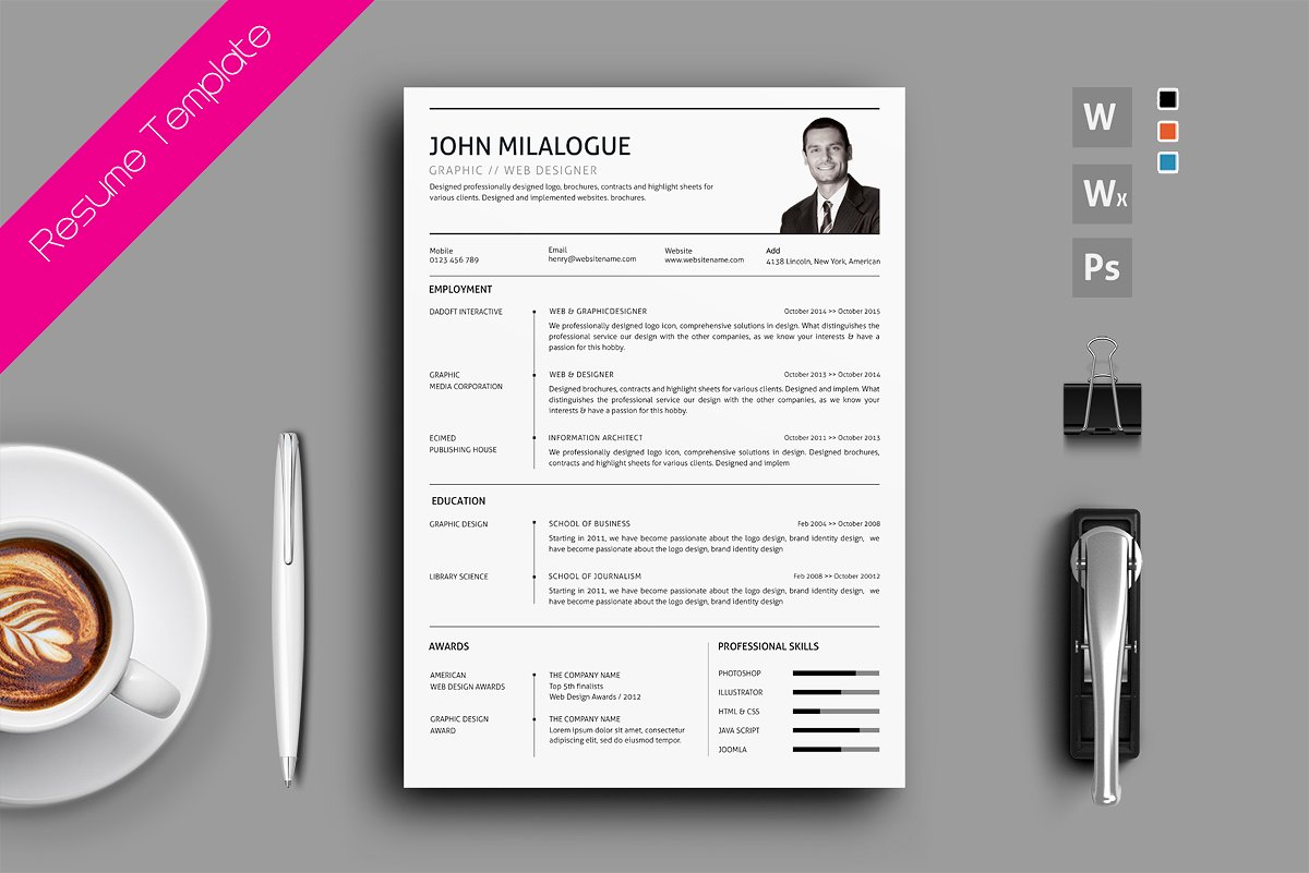 正式标准商务简历求职信PSD模板 Resume CV Cov