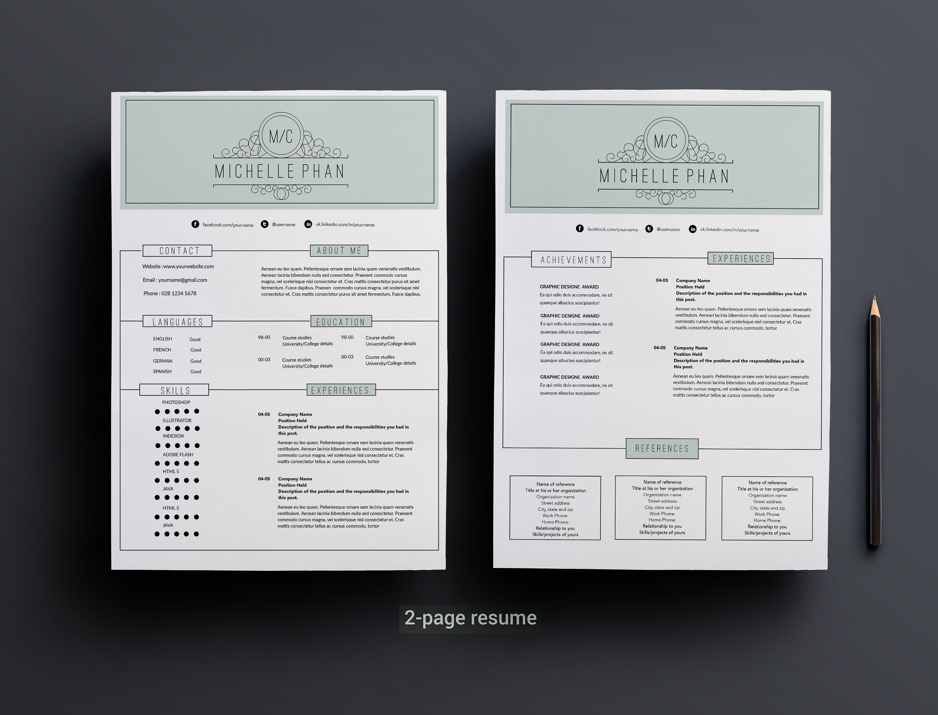 两页经典简历模板 2 page CV template