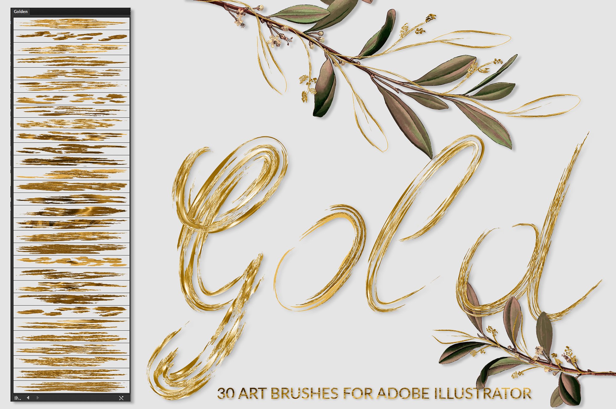 奢华金色数字艺术绘画画笔AI笔刷素材 Gold Brushe