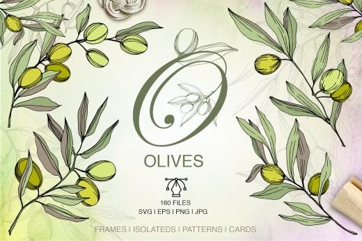 160个手绘水彩橄榄绿叶植物剪贴画素材合集 Olives v