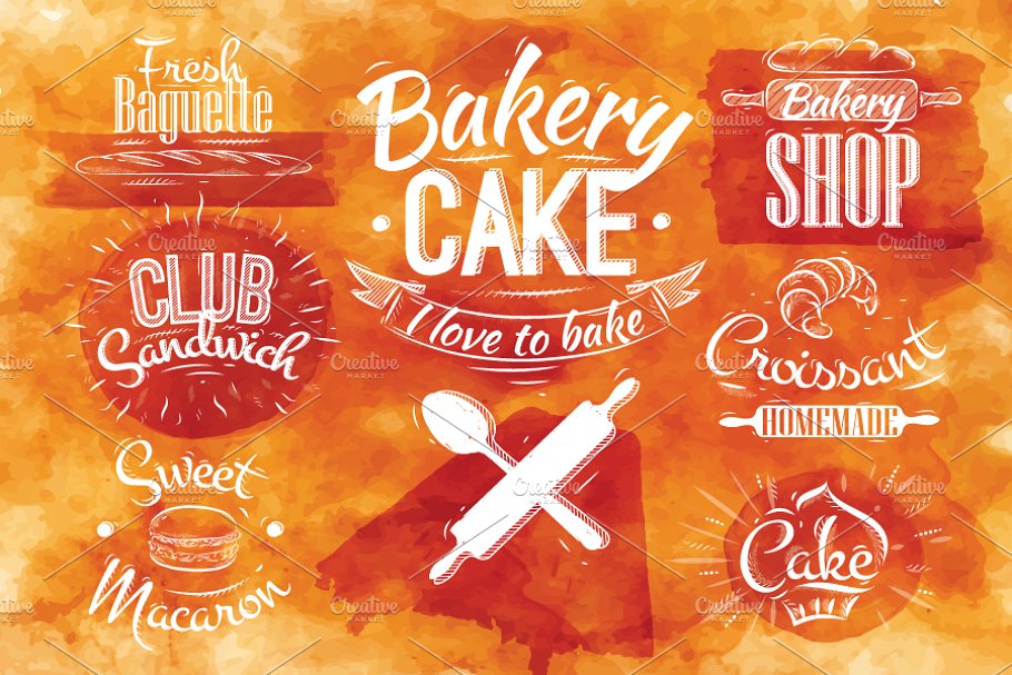 复古手绘面包店烘焙符号设计插画 Bakery charact