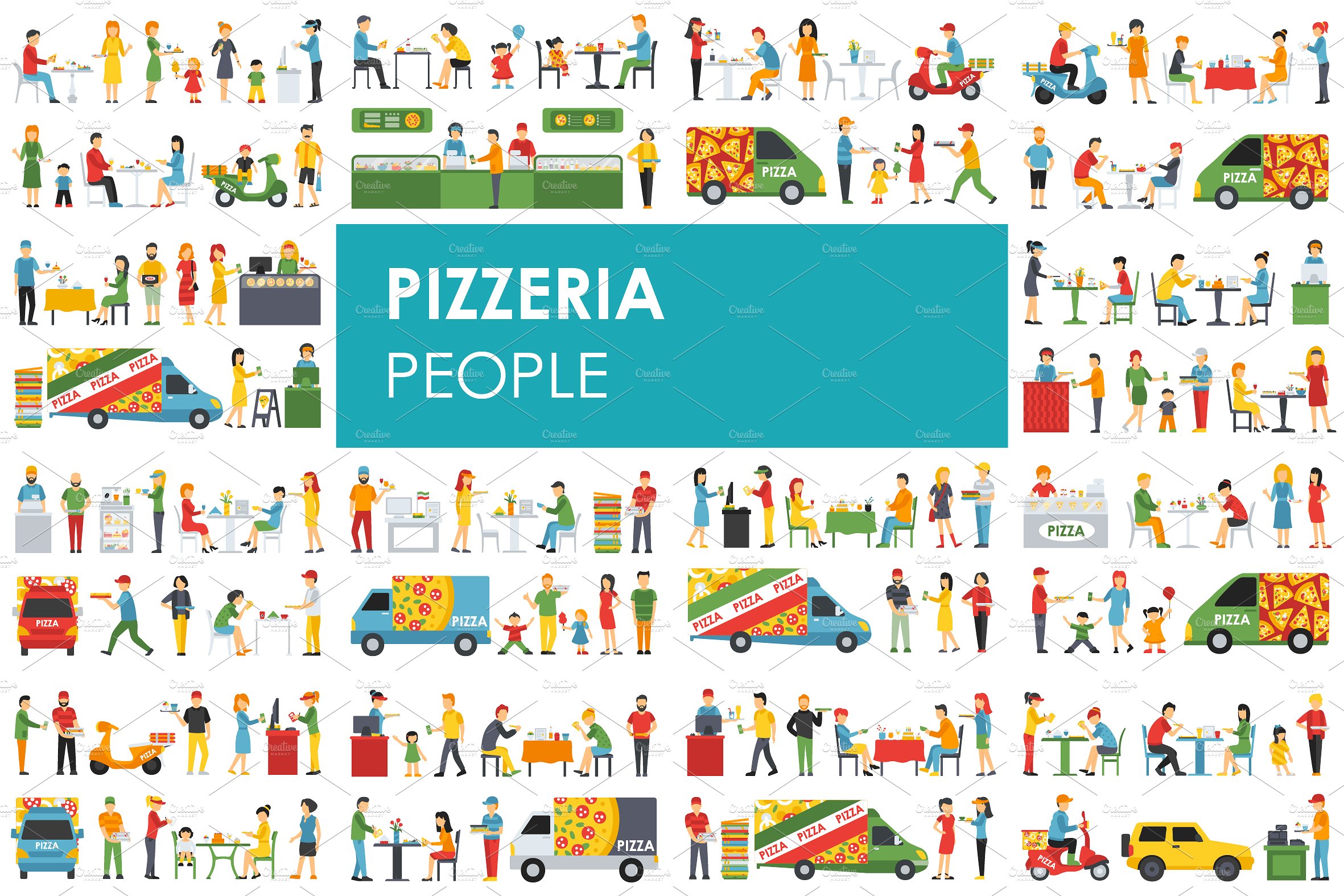 51人员吃披萨形象扁平化设计矢量插画 Pizzeria f