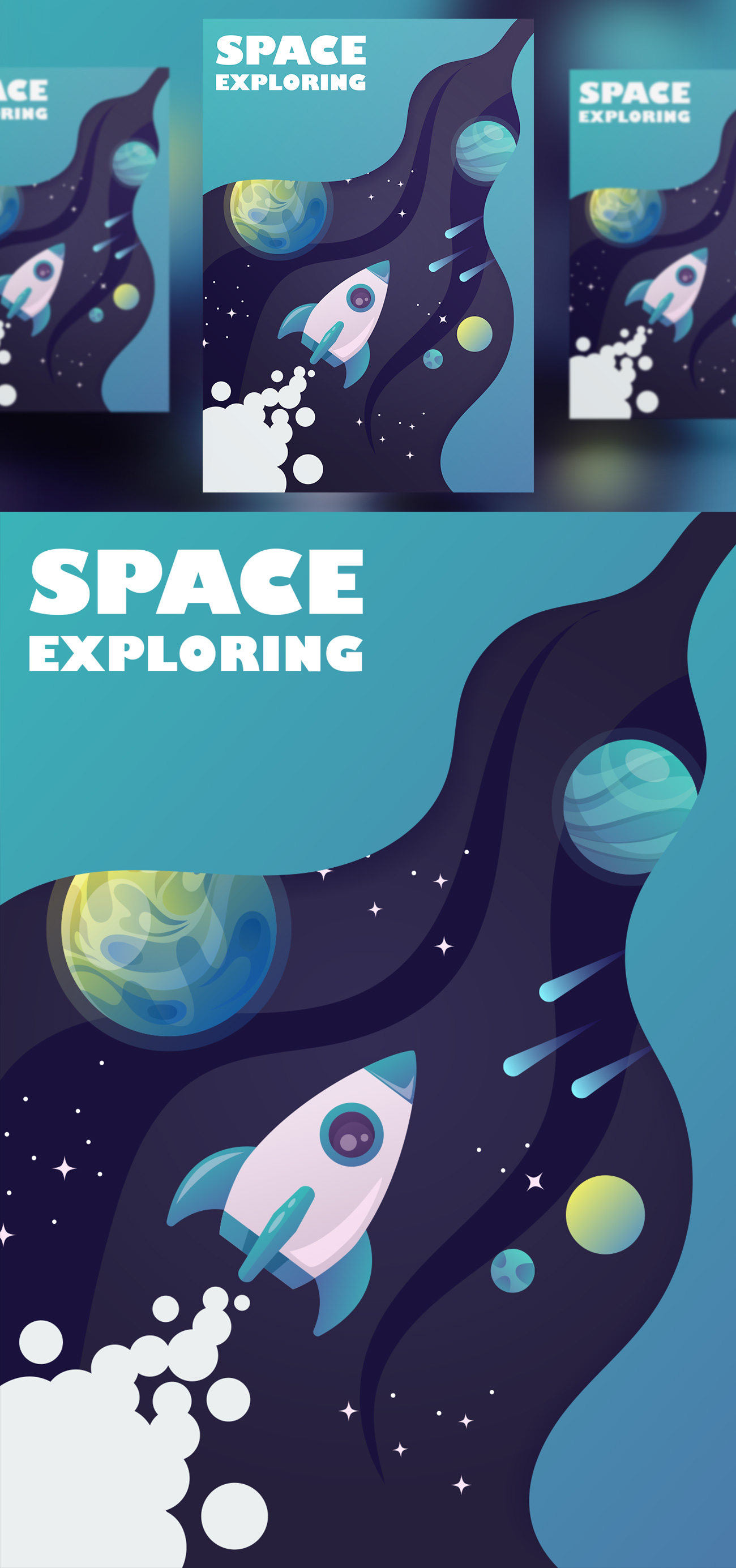 扁平化宇宙太空旅行海报横幅矢量素材 universe spa