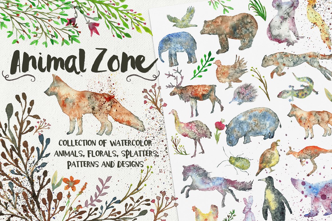 手绘水彩动物设计元素Animal Zone Watercol