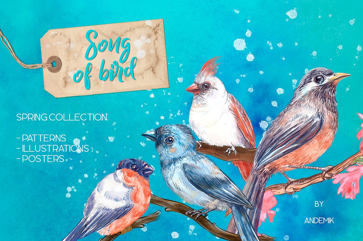 一大波手绘鸟的水彩剪贴画素材下载Song of bird.