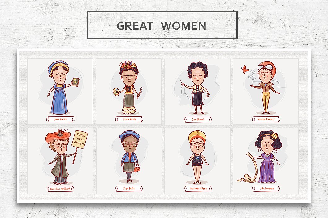 8张国外历史上伟大女性矢量插画打包下载Great Women