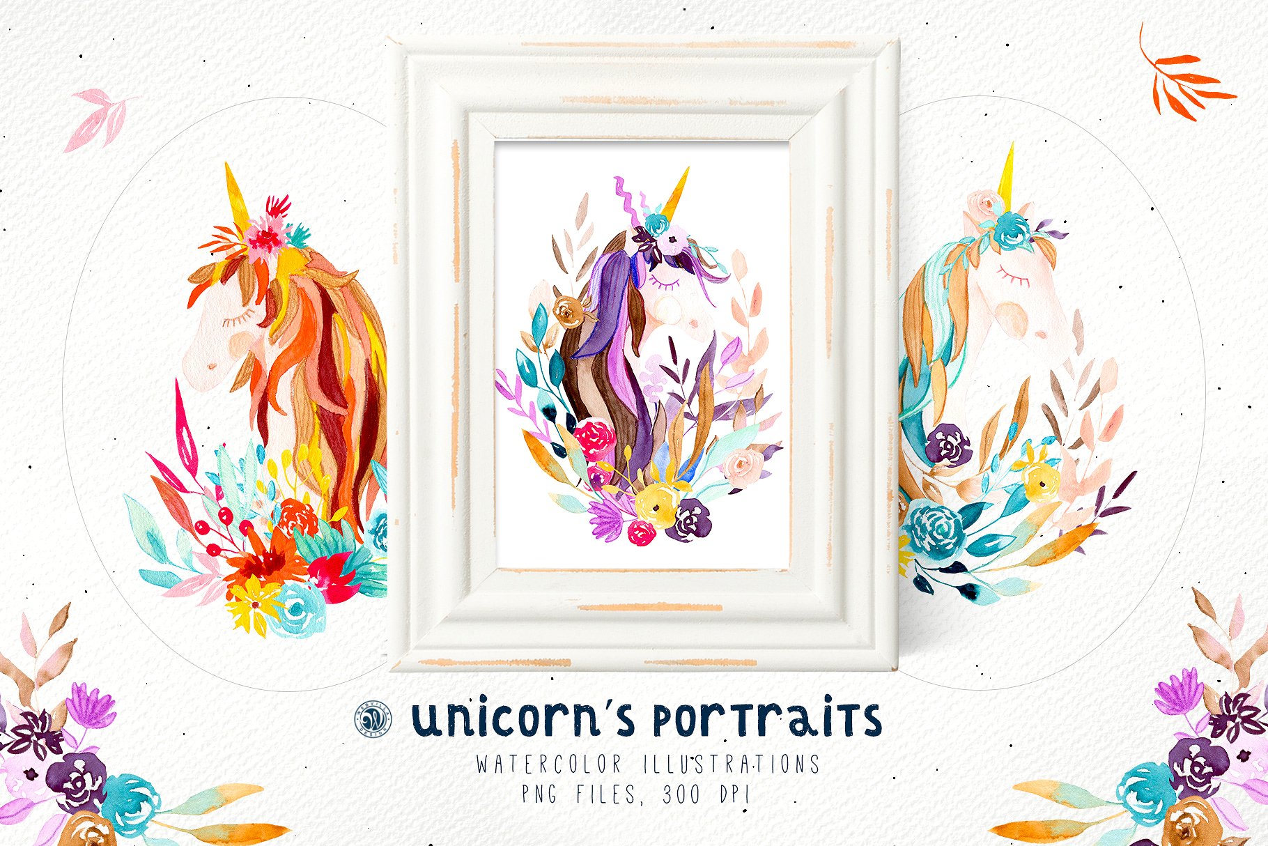 独角兽的肖像鲜花水彩插画Unicorn's Portrait