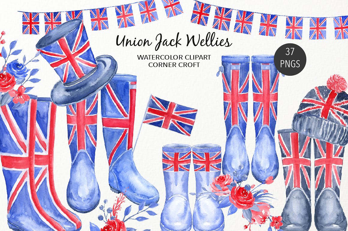 手绘水彩英国旗子元素设计素材Watercolour Unio