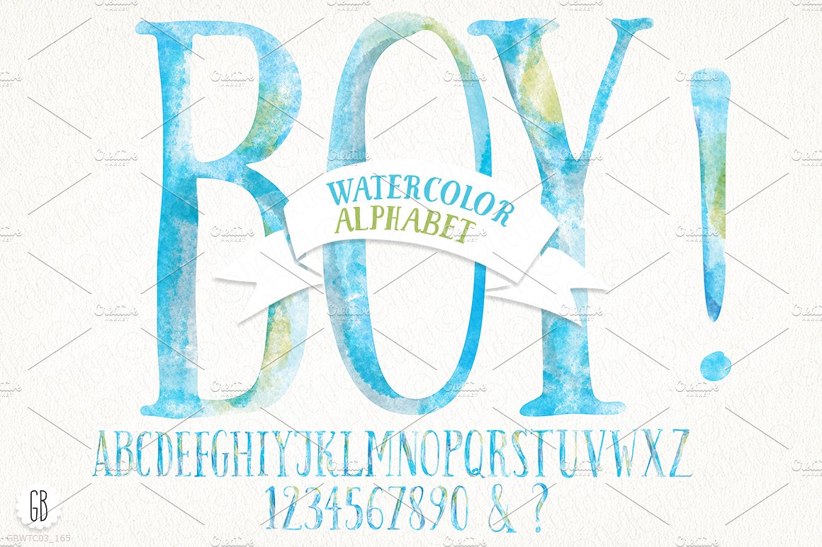 手绘的天空蓝色水彩字母 Watercolor baby bo