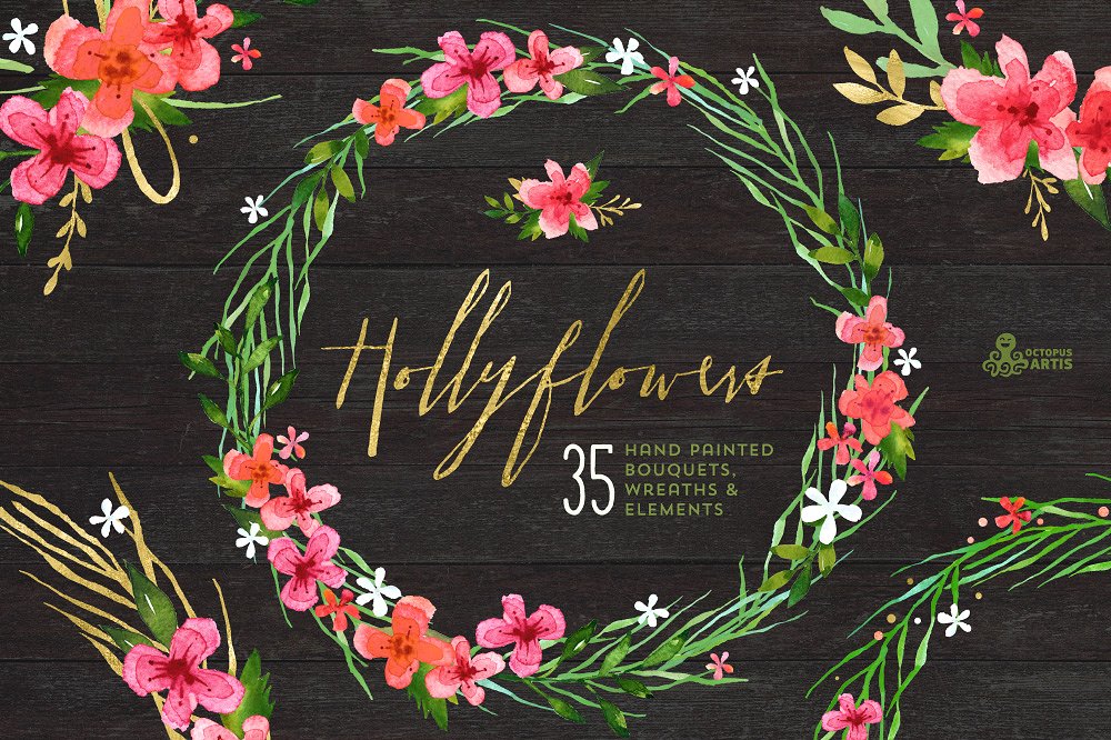 高质量手绘水彩花束剪贴画 Hollyflowers  Hol