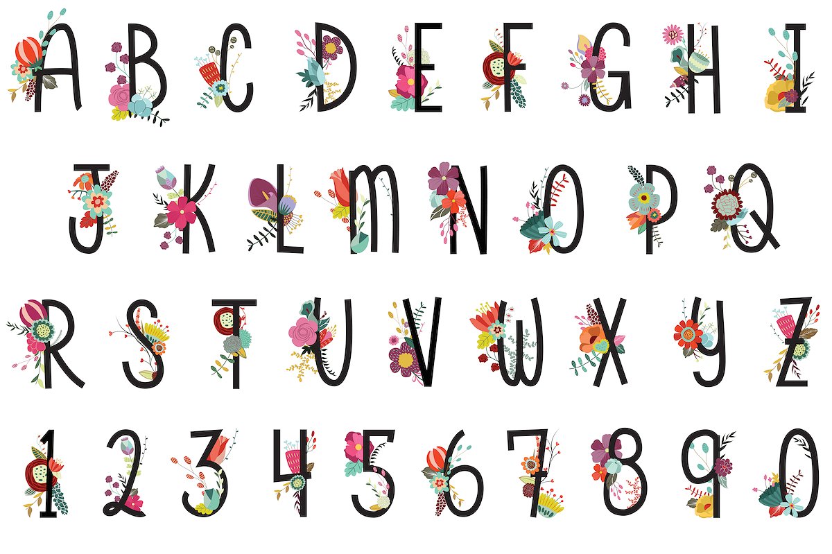 漂亮的手绘花卉字母数字设计素材Floral Letters