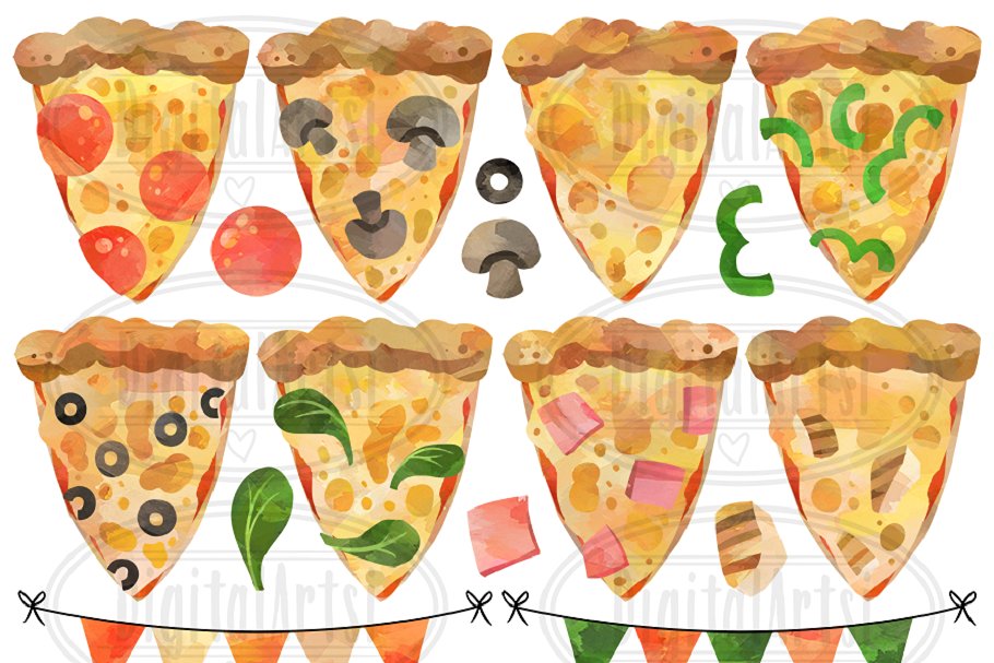 手工绘制的水彩污渍披萨插图合集 Pizza watercol