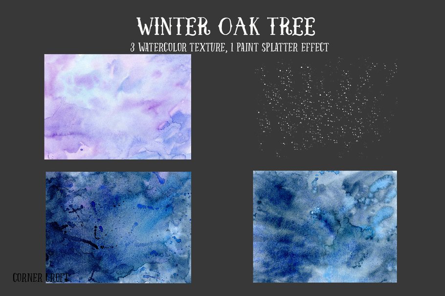 手绘水彩艺术栎树剪贴画 Watercolor Winter