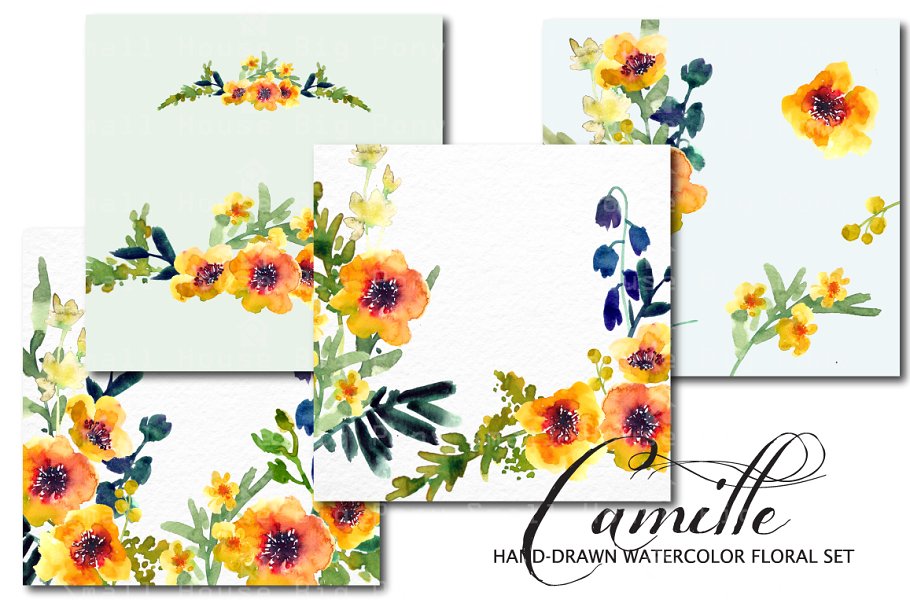水彩阳光暖黄色花卉素材 Camille Watercolo
