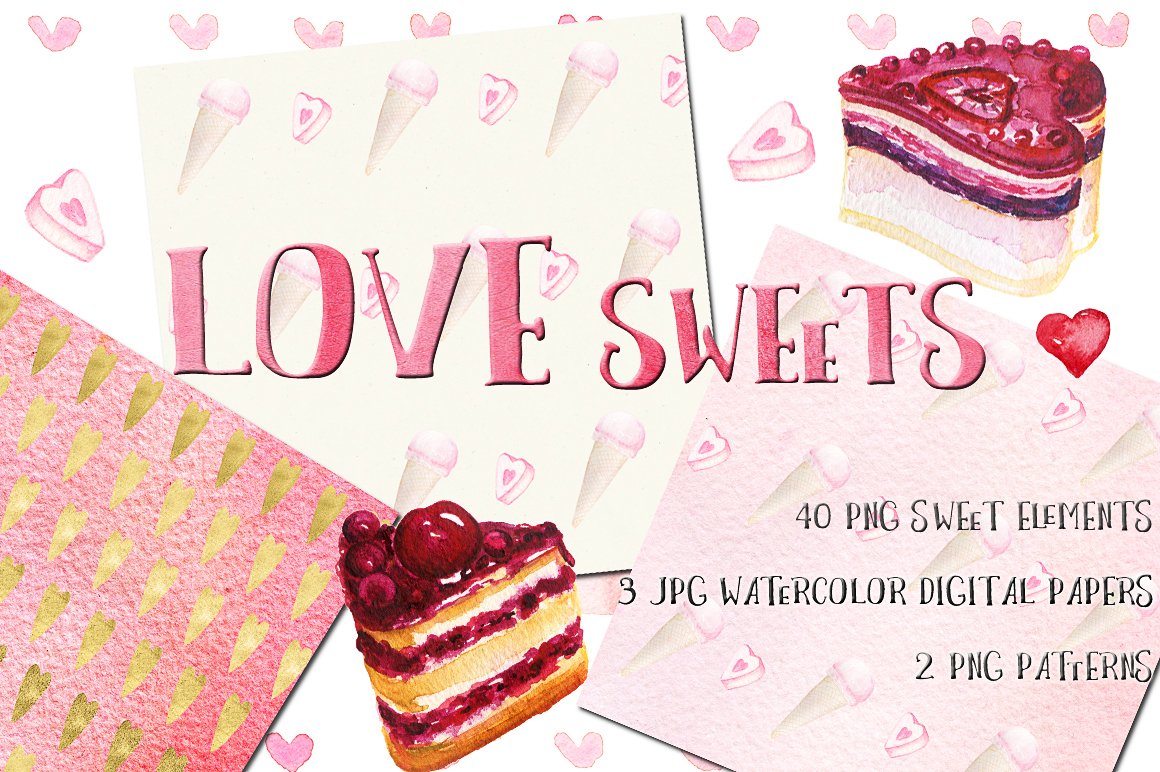 甜蜜水彩糖果甜点元素剪贴画 Love sweets. Wat