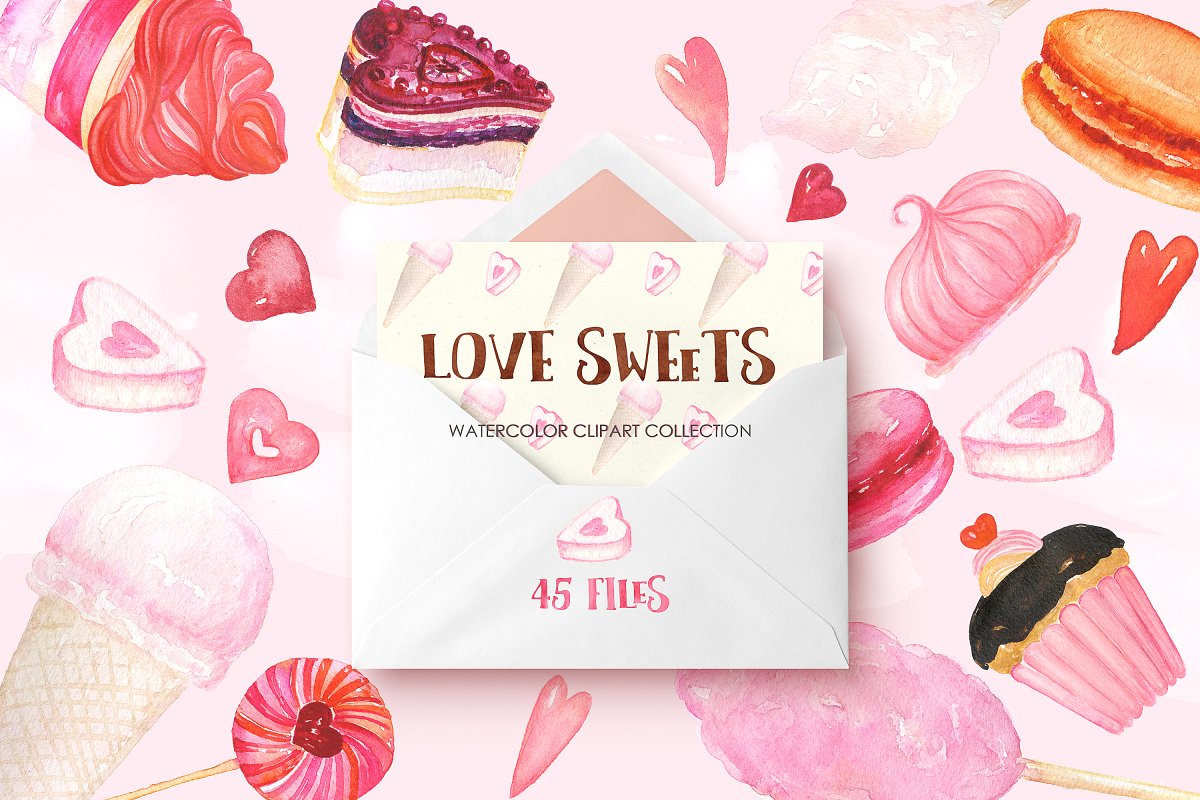 甜蜜水彩糖果甜点元素剪贴画 Love sweets. Wat