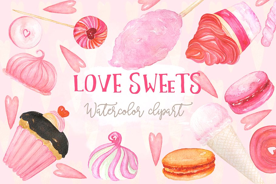 甜蜜水彩糖果甜点元素剪贴画 Love sweets. Wat