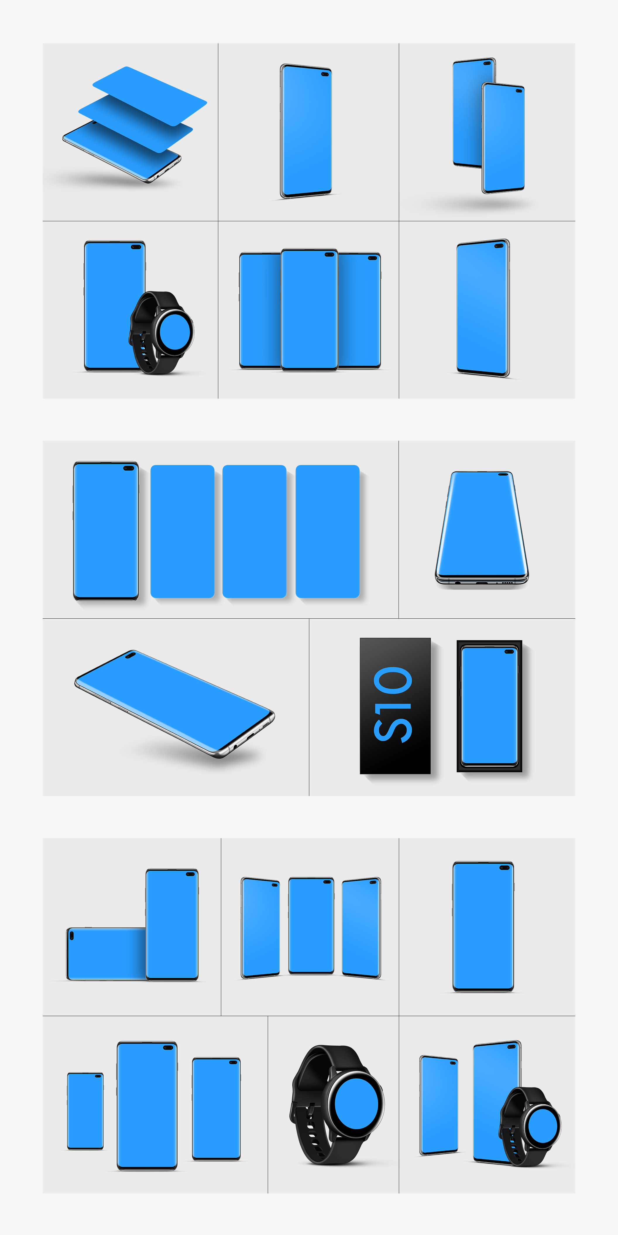 16个不同角度三星s10安卓智能手机UI贴图样机PSD模板素