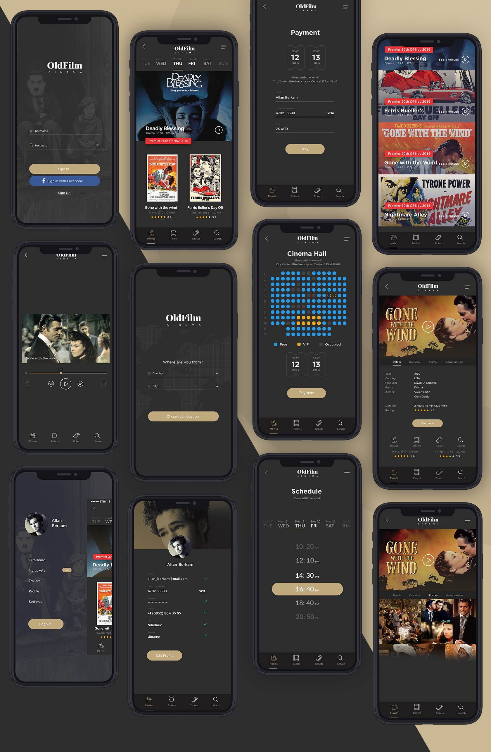 电影票预订移动APP黑金风格UI界面设计工具包 OldFil