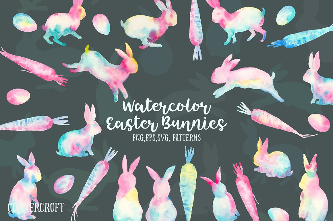 复活节水彩手绘兔子剪贴画合集 Watercolor Abst
