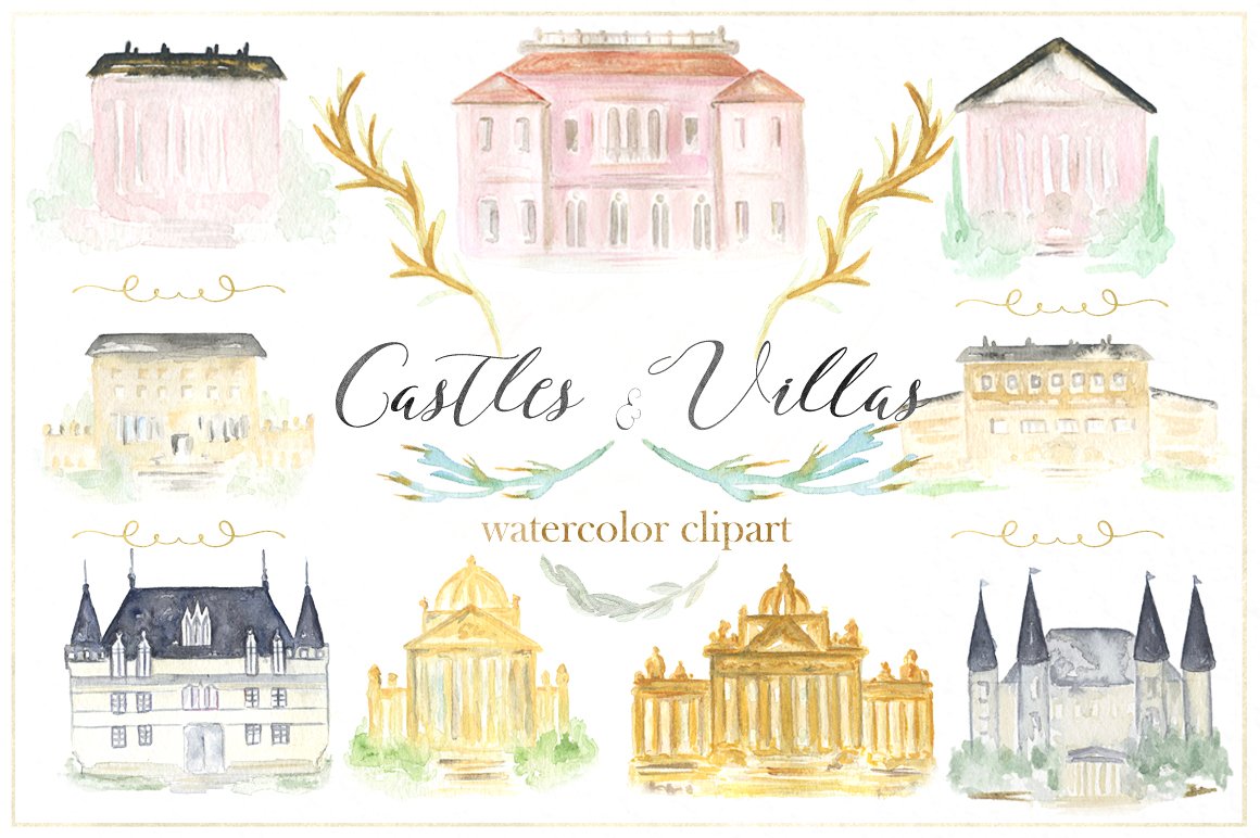 豪华建筑城堡别墅系列水彩剪贴画 Castles  villa