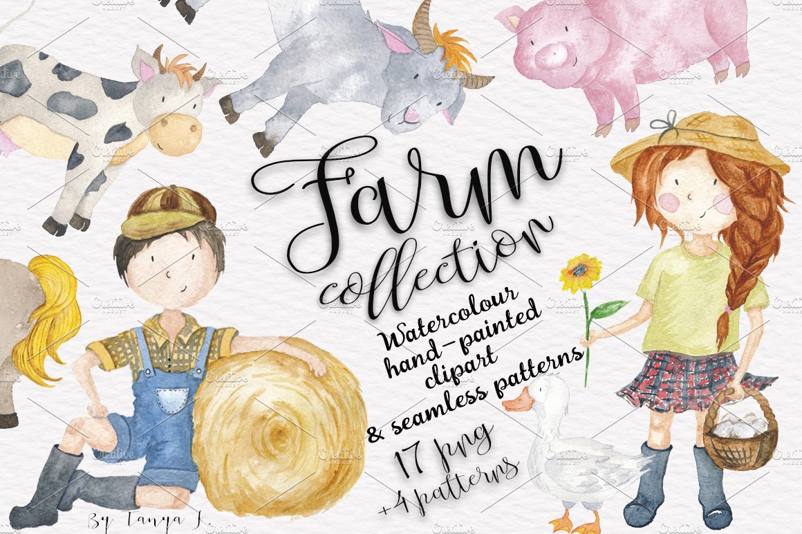 手绘水彩农场卡通小孩无缝插图 Farm Animals K
