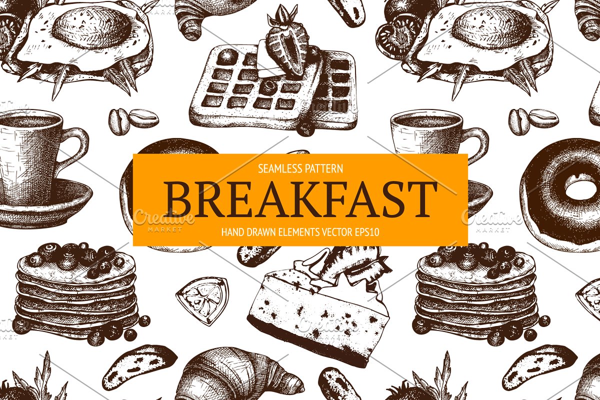 墨水手绘老式早餐模板设计元素 Hand Drawn Brea