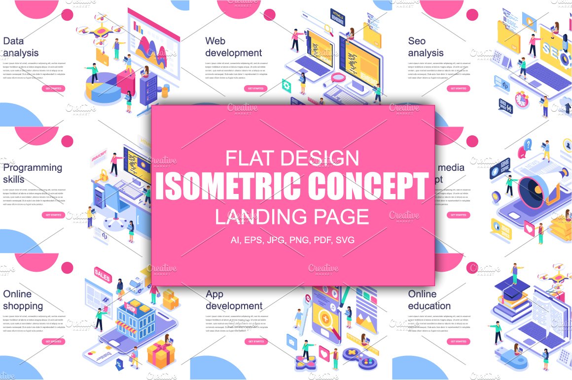 现代平面设计等距着陆页模板 Isometric Concep