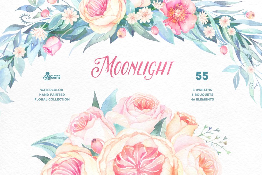 月色水彩花卉设计套装 Moonlight. Floral c