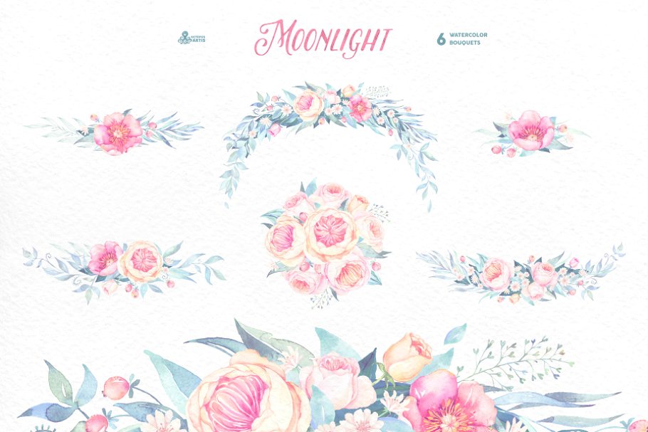 月色水彩花卉设计套装 Moonlight. Floral c