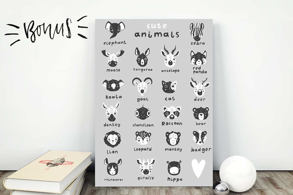 可爱的手绘单色卡通动物插图矢量素材Scandi Animal