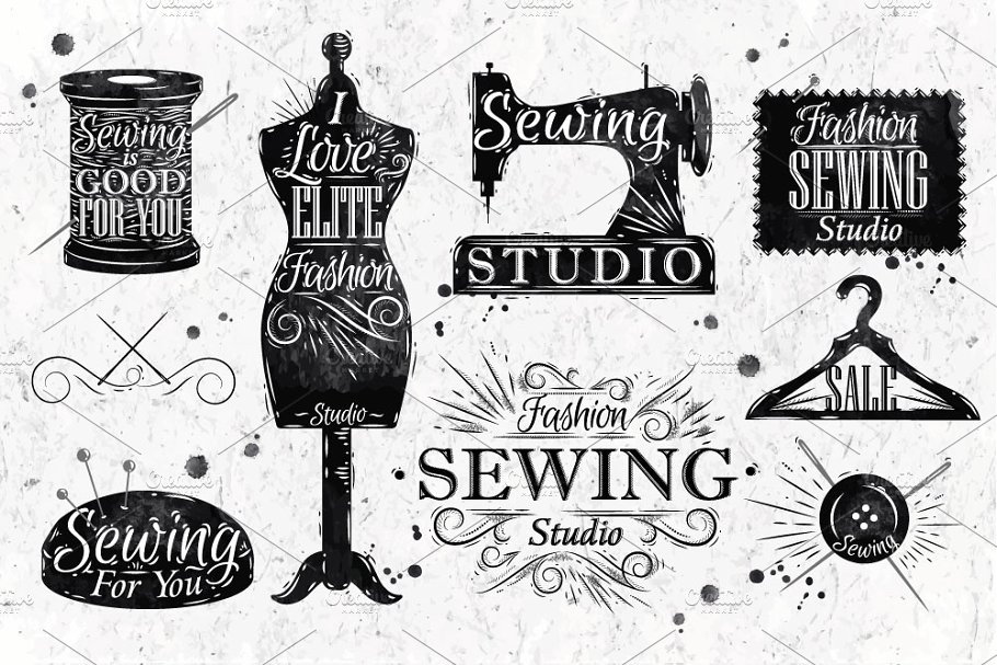 复古缝纫机手绘符号插画 Retro sewing symbo