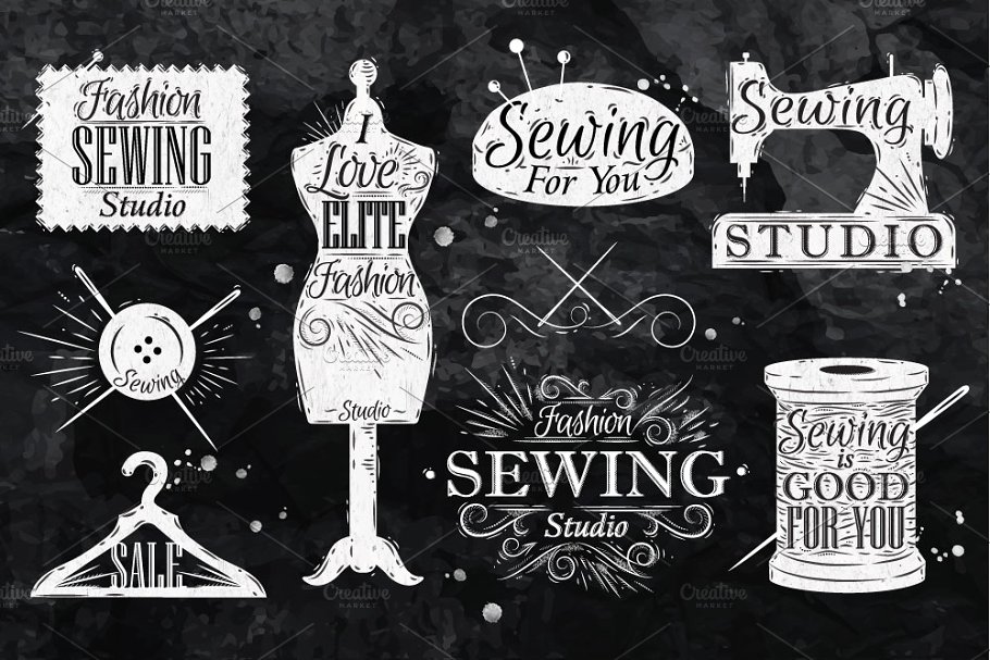 复古缝纫机手绘符号插画 Retro sewing symbo