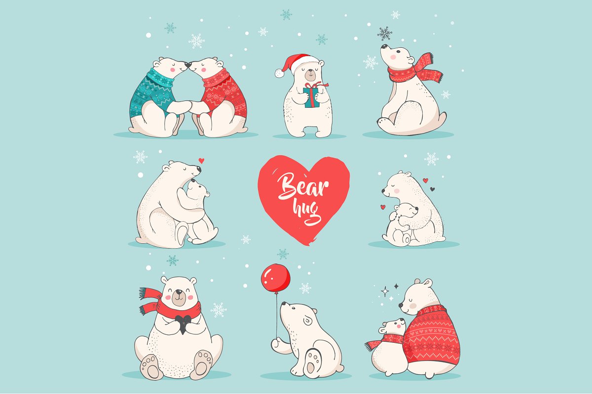 北极熊圣诞插画 Polar Bears, Christmas