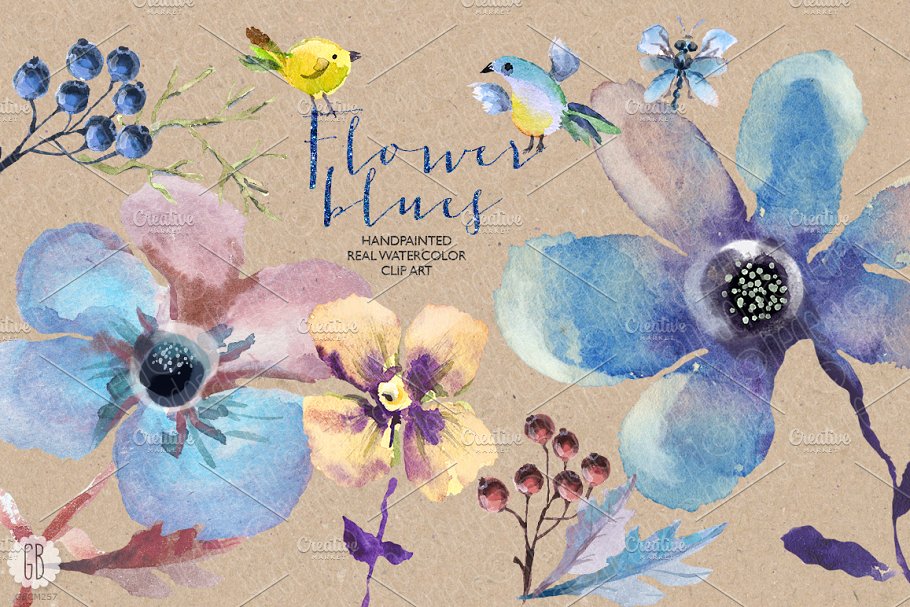 蓝色花卉素材插画 Aquarelle blue flower
