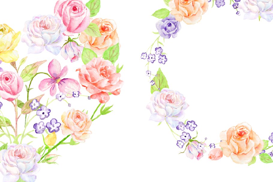 水彩玫瑰花环和爱心插画 Rose Wreath and H