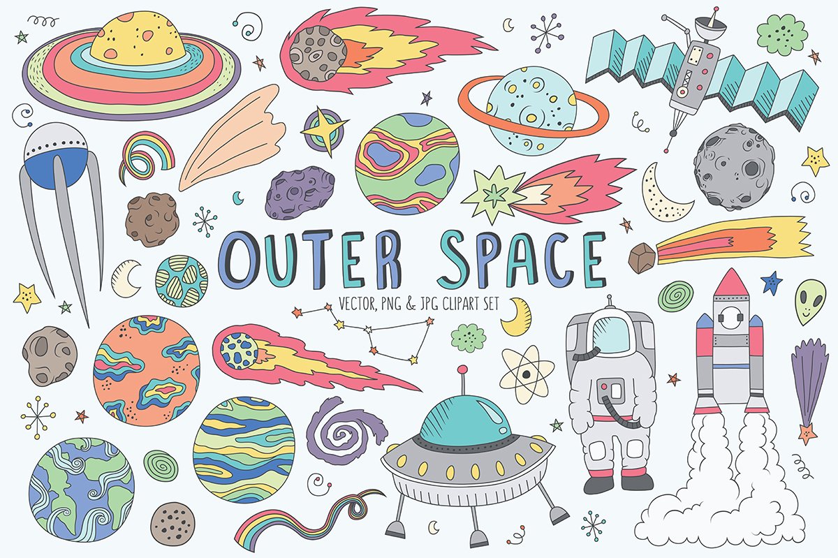 可爱的太空涂鸦剪贴画集 Space Doodles Cute