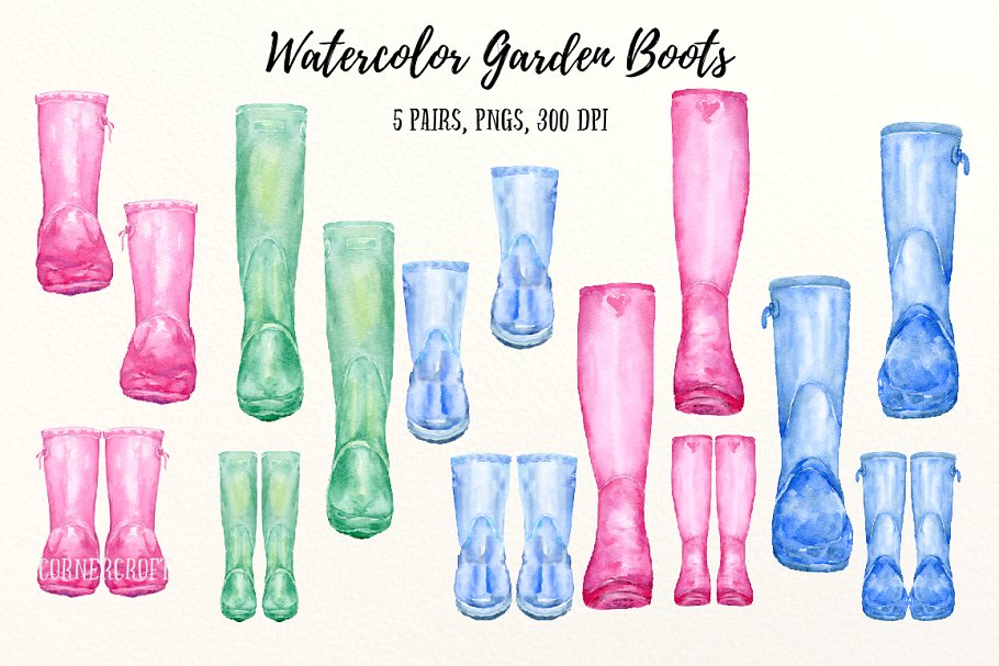 水彩花园靴子插画 Watercolor Garden Boo