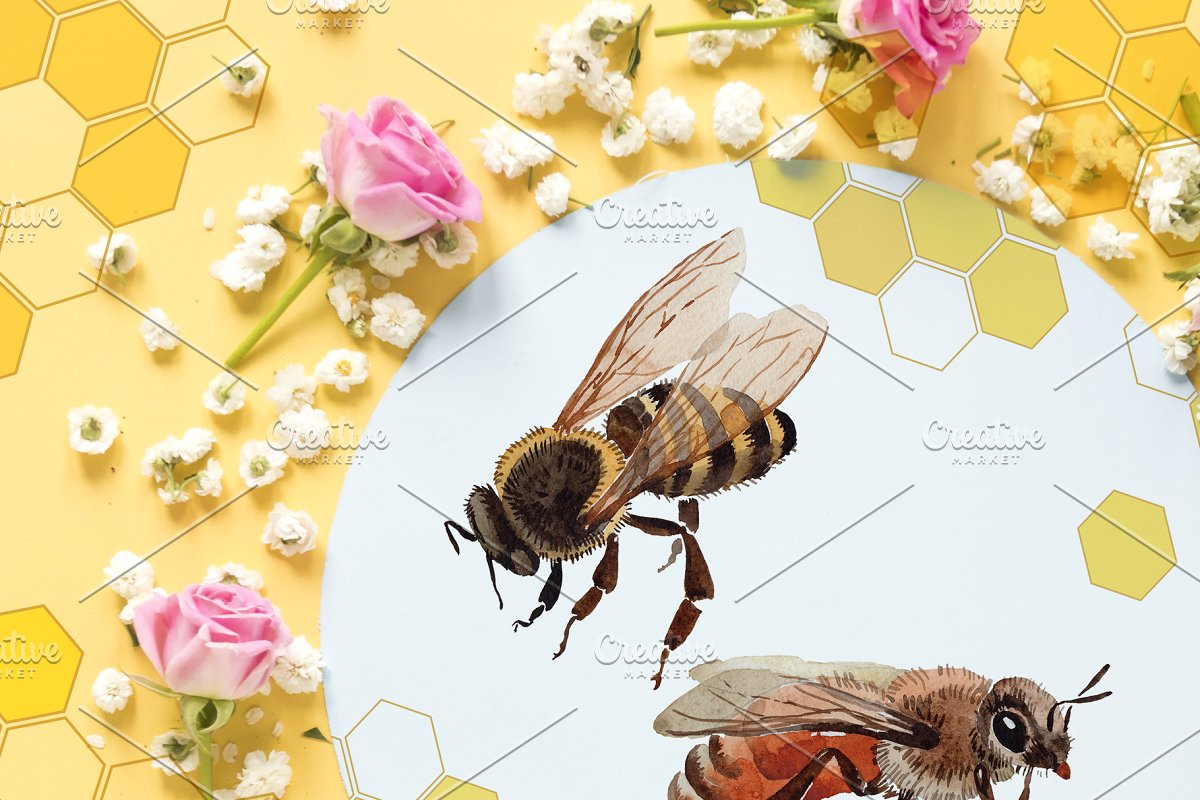 蜜蜂采集花蜜水彩元素剪贴画Bee Watercolor pn