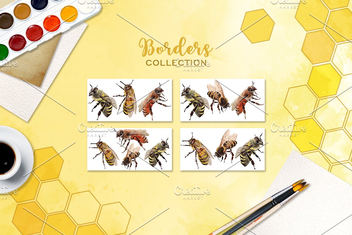 蜜蜂采集花蜜水彩元素剪贴画Bee Watercolor pn