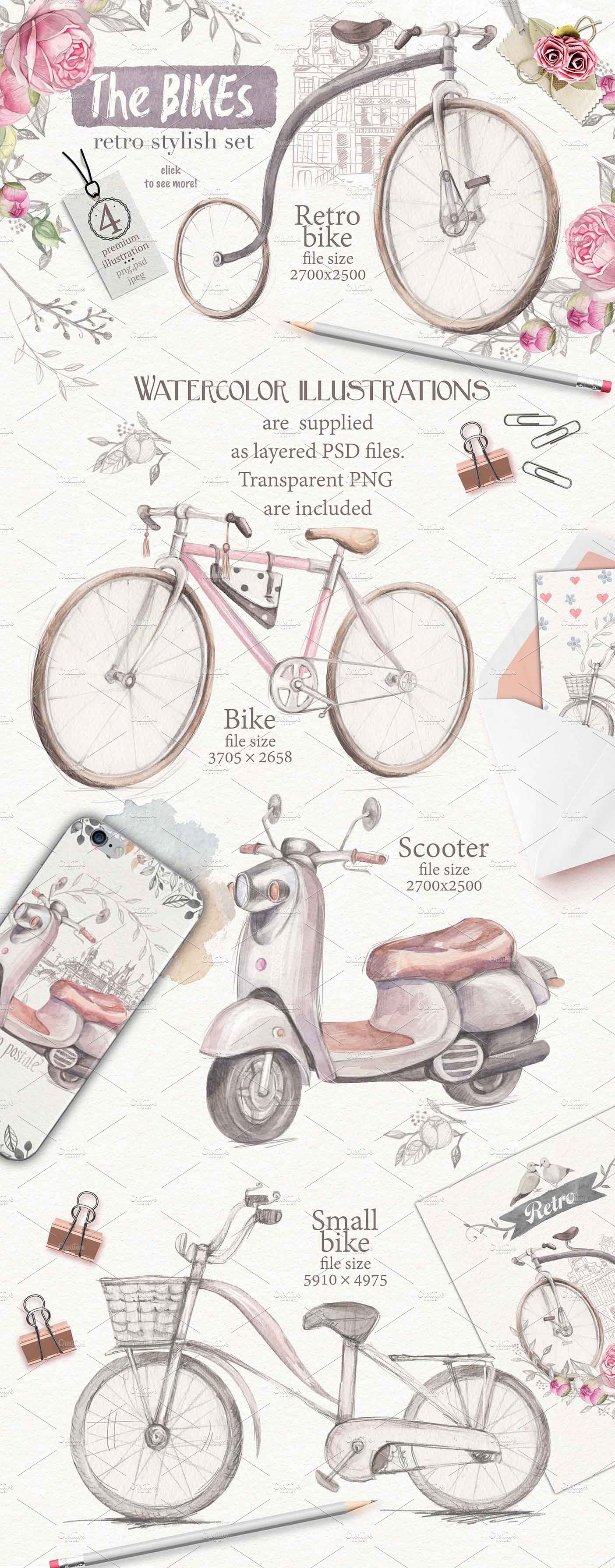 优雅文艺风自行车与玫瑰手绘插画元素 Bicycles and