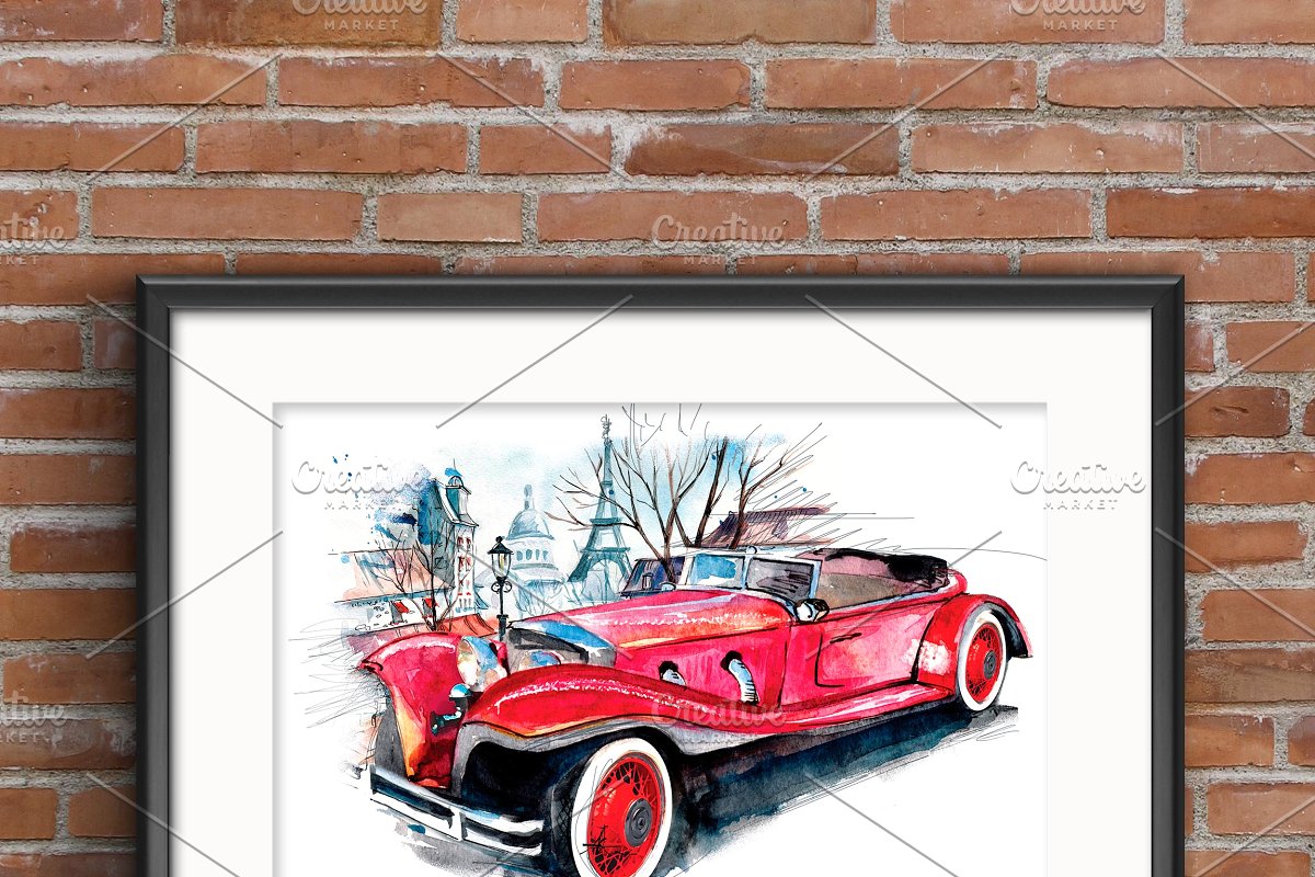 手绘复古小车水彩街道插画 Retro cars city s