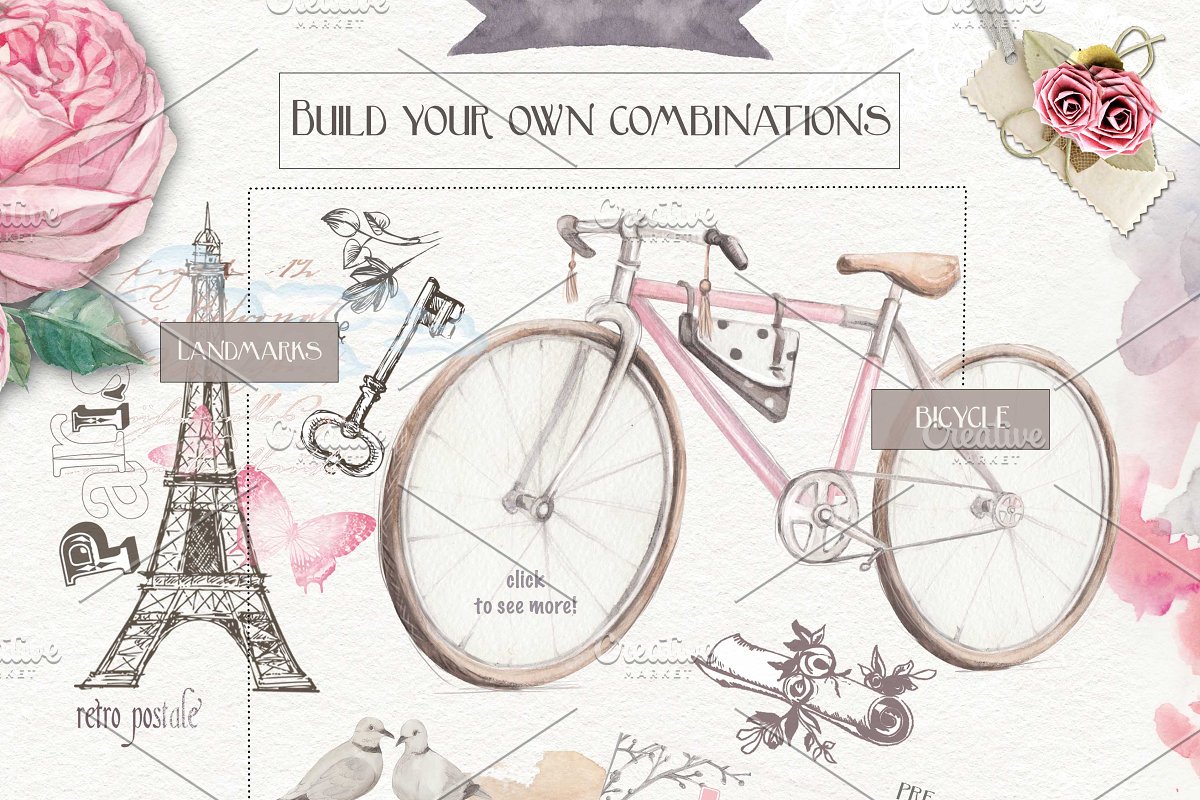 优雅文艺风自行车与玫瑰手绘插画元素 Bicycles and