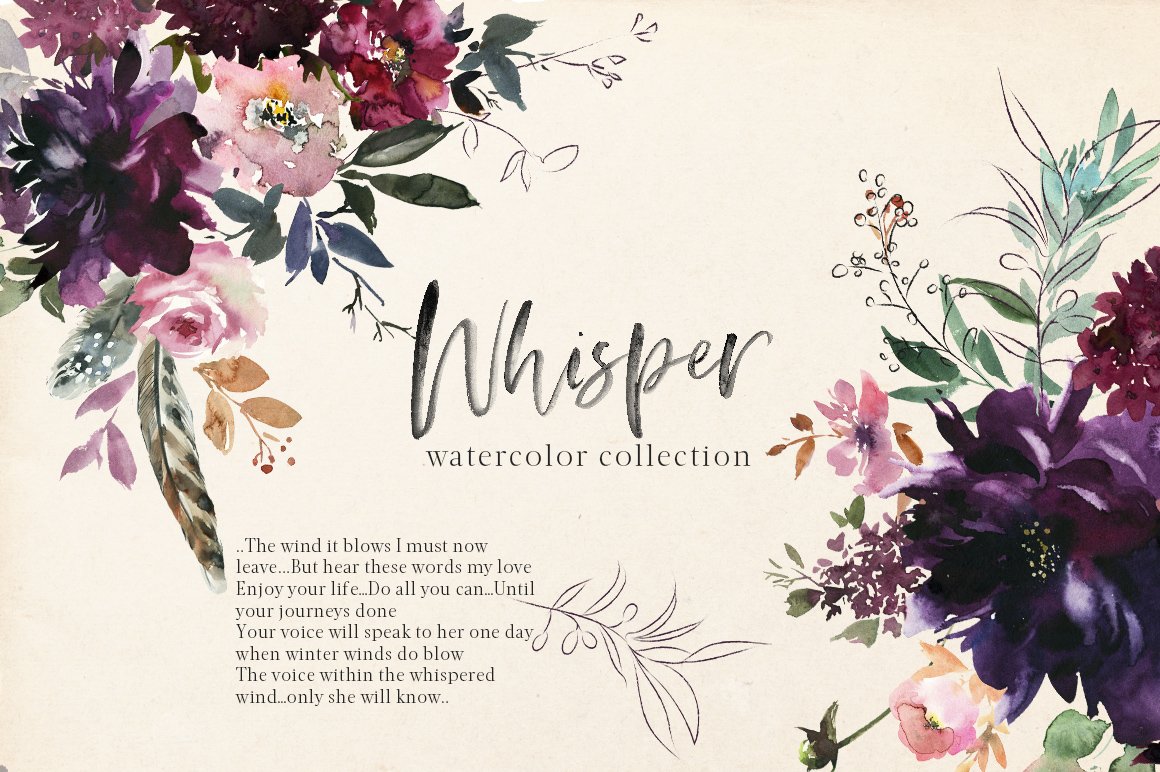 浪漫水彩花卉剪贴画 Whisper Watercolor F