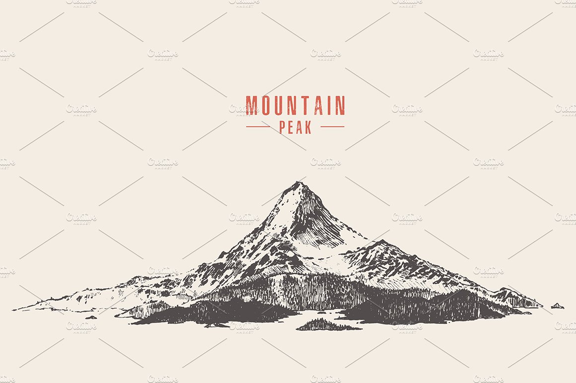 手绘山顶图 Mountain peak with pine