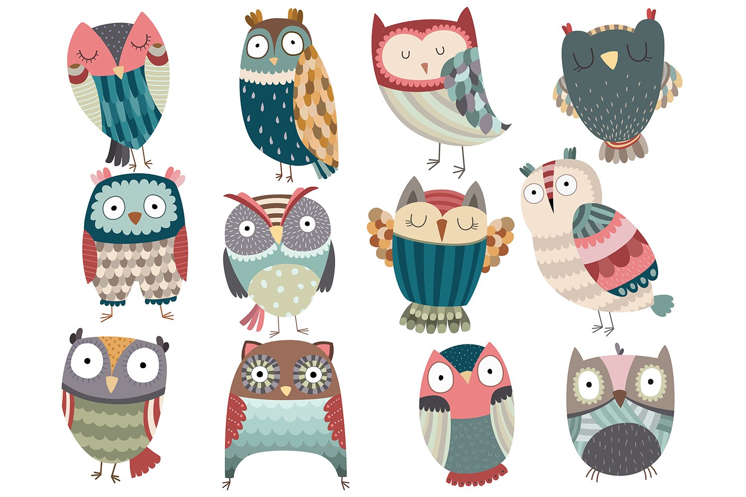 可爱的装饰性卡通猫头鹰素材 Cute Owl Set Vec