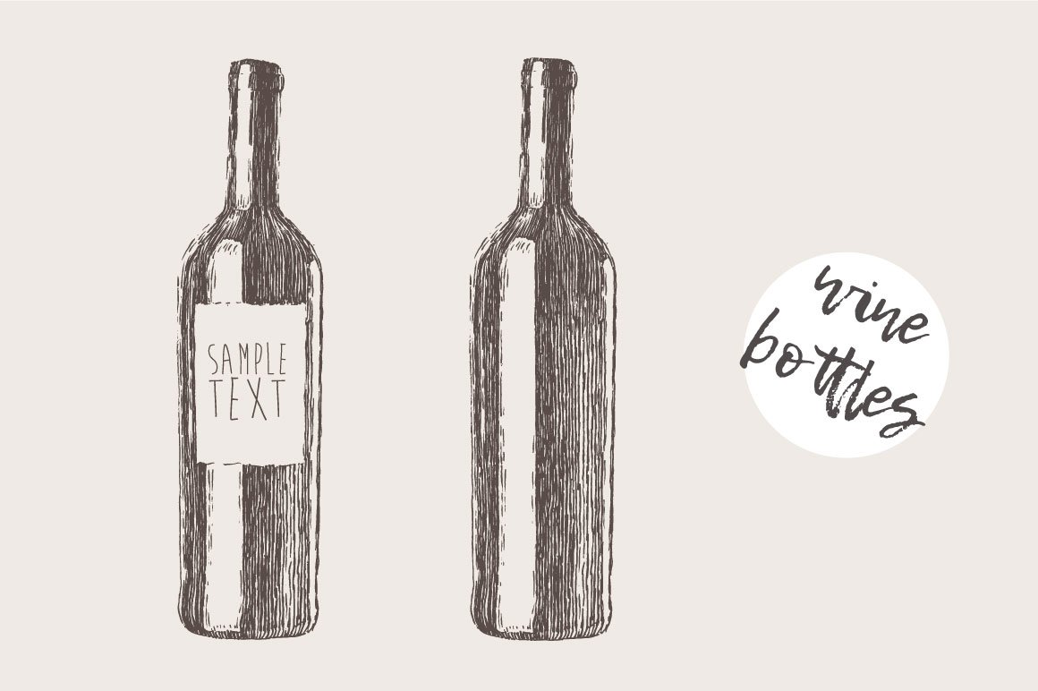 红酒酒瓶素描插画 Wine bottles, engrave