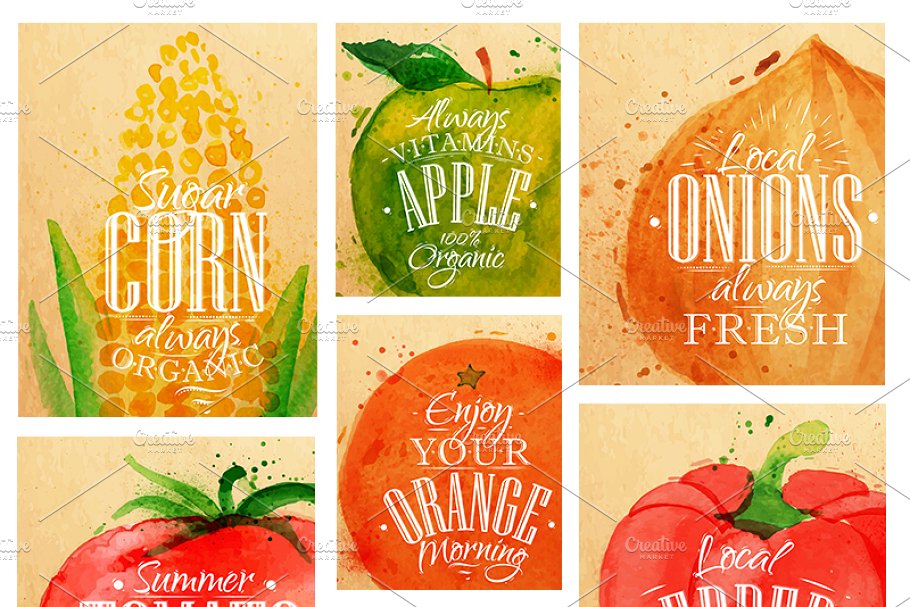 水彩水果蔬菜插图 Poster Fruits  Vegeta