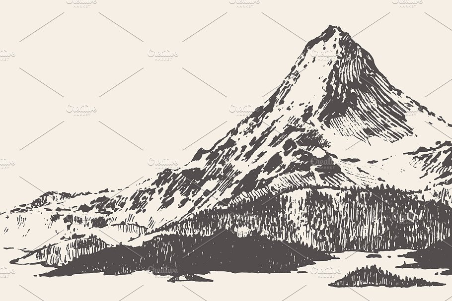 手绘山顶图 Mountain peak with pine