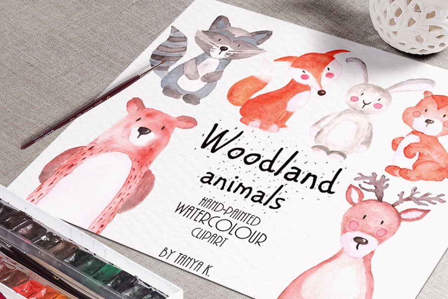 水彩森林卡通动物素材 Watercolor woodland